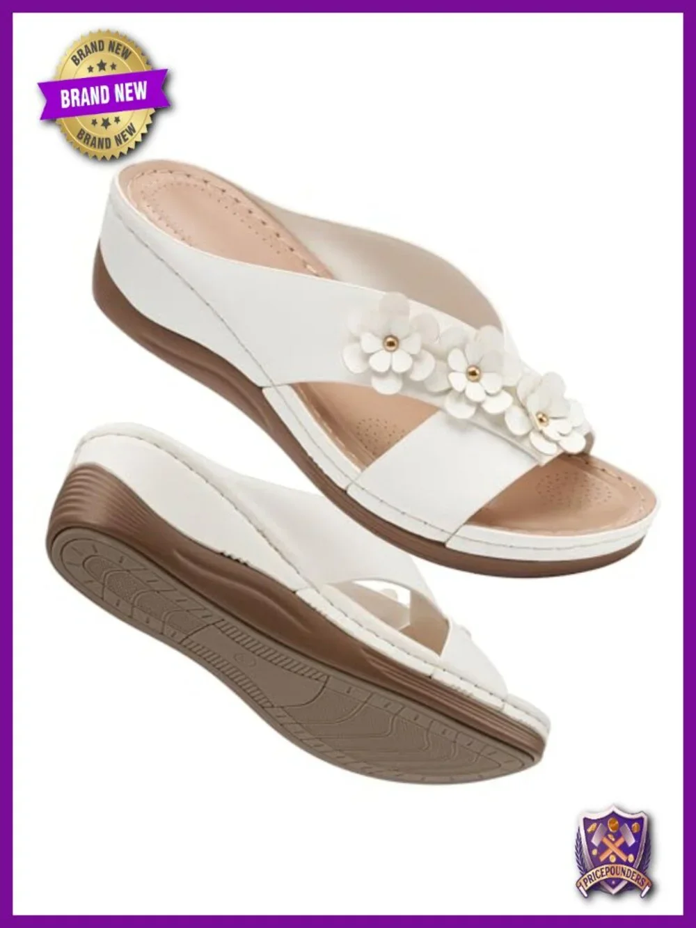Faux Vegan Leather Wedge Sandals with 3D Floral Décor, Cushioned All-Day Comfort